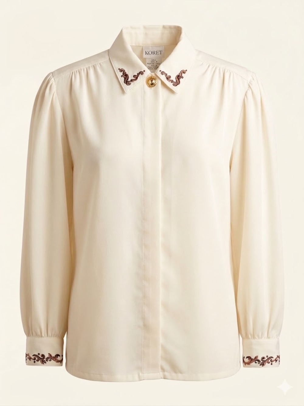 Vintage Ivory Embroidered Blouse Gold Button Secretary Top Cottagecore Classic